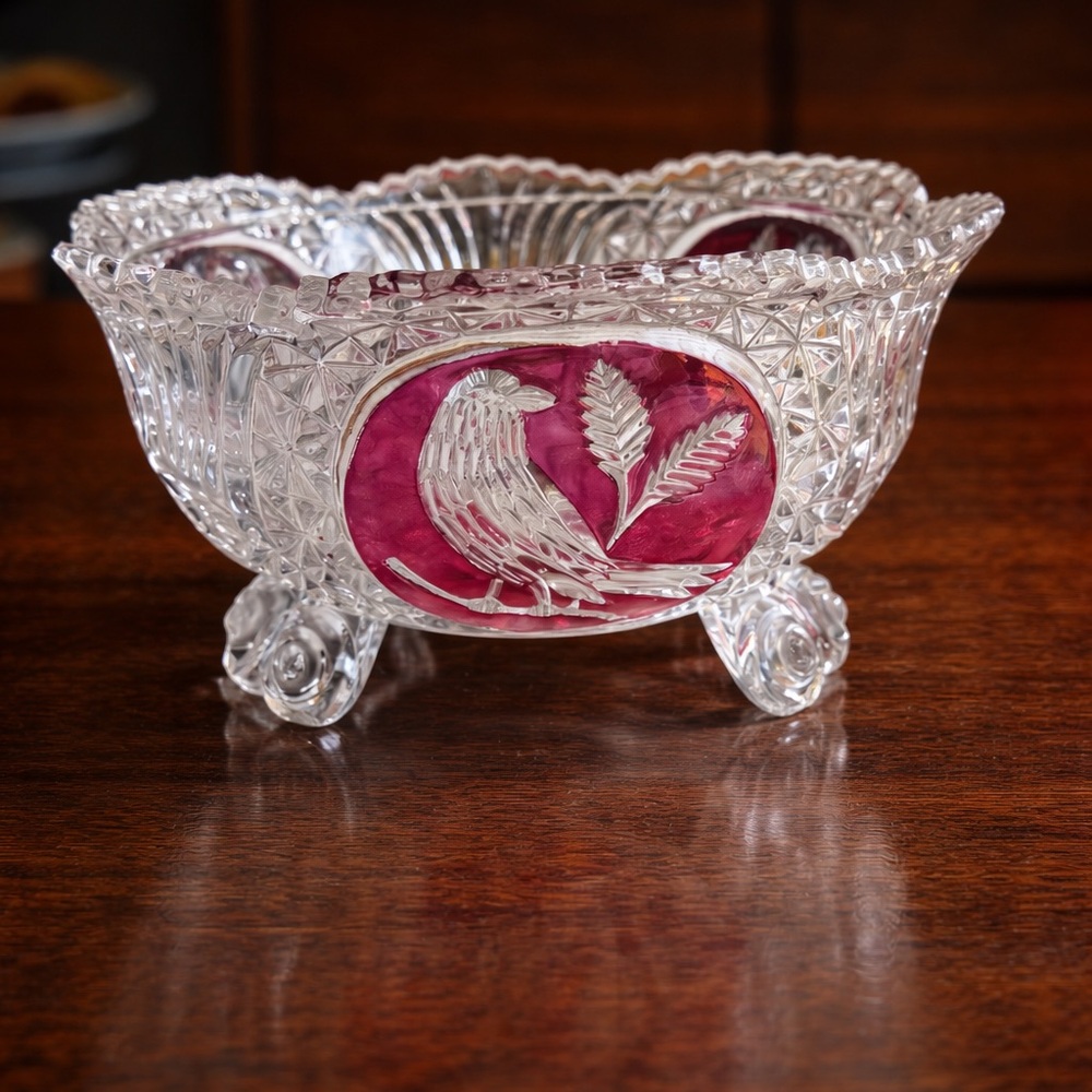 Vintage Hofbauer Byrdes Collection Ruby Lead Crystal Footed Bowl Bird